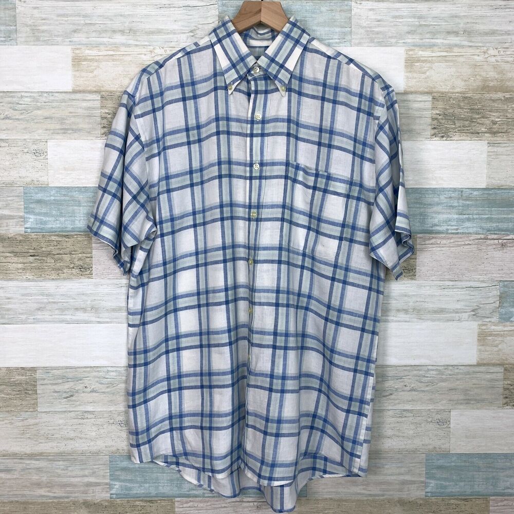Jos A Bank Travelers Linen Plaid Shirt Blue White Button Down Casual Mens Medium